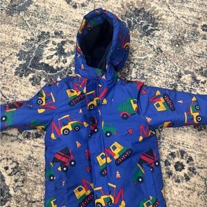 The Children's Place Blue Hooded Snowsuit with Colorful Construction Trucks